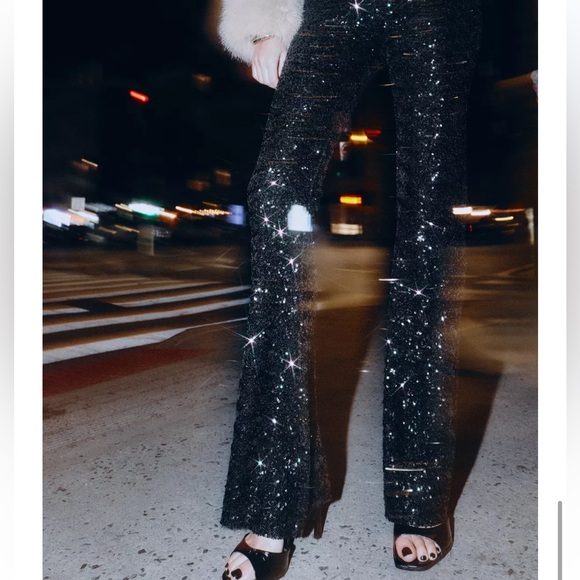 Zara Sequin Flare Pants / Leggings - Black - Picture 9 of 12